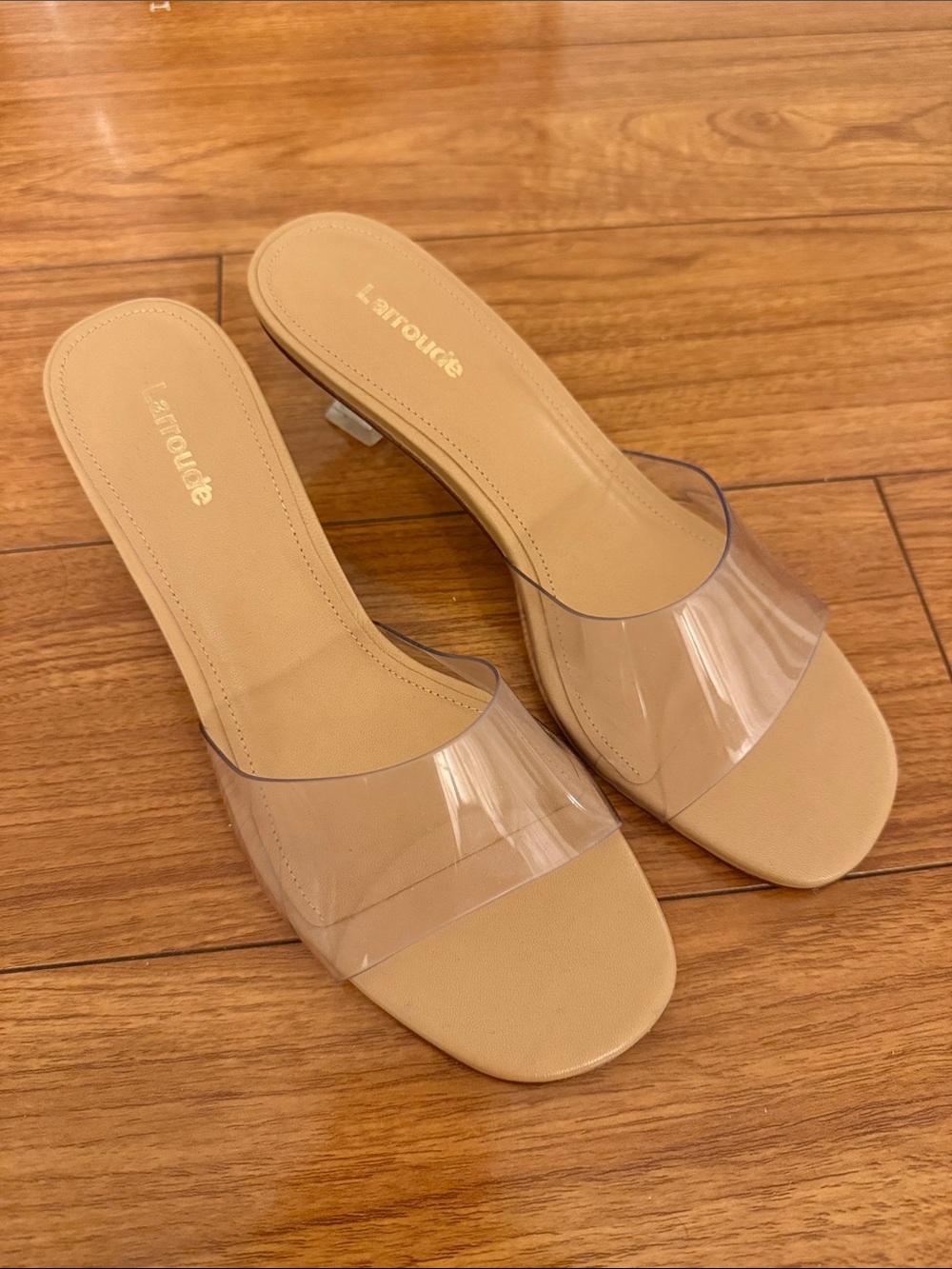 Larroude Beige Clear Strap Slide Mules